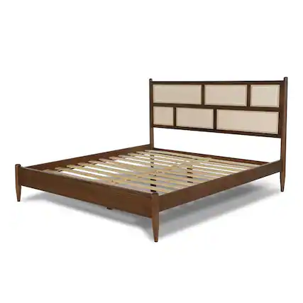 Front. Hivvago - Queen Size Hardwood Platform Bed Frame with Cane Paneling Headboard in Walnut - Walnut.