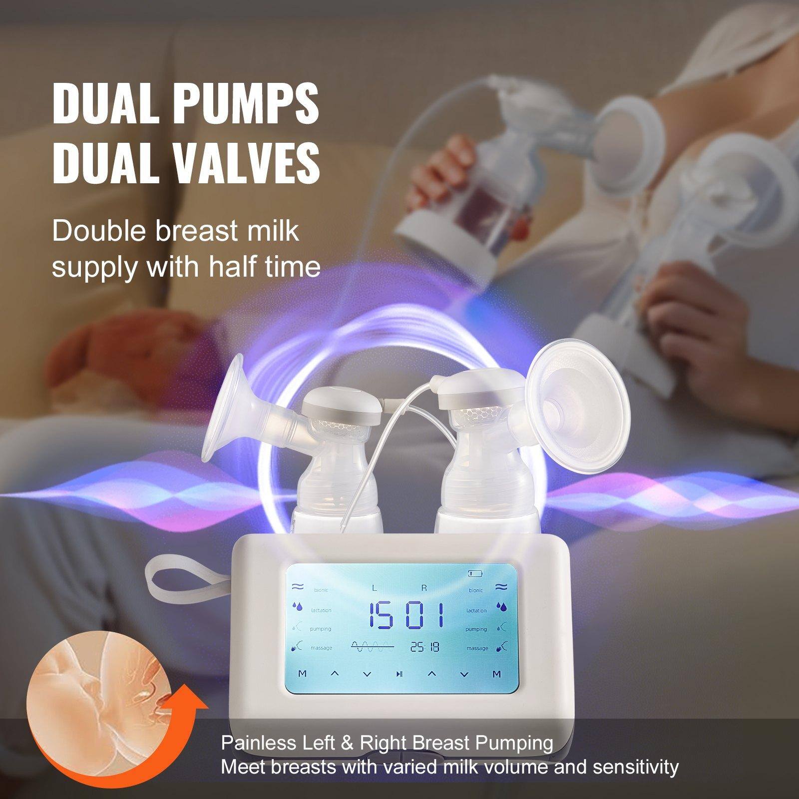 DUAL PUMPS  
DUAL VALVES  

Double breast milk supply with half time  

Painless Left & Right Breast Pumping  
Meet breasts with varied milk volume and sensitivity