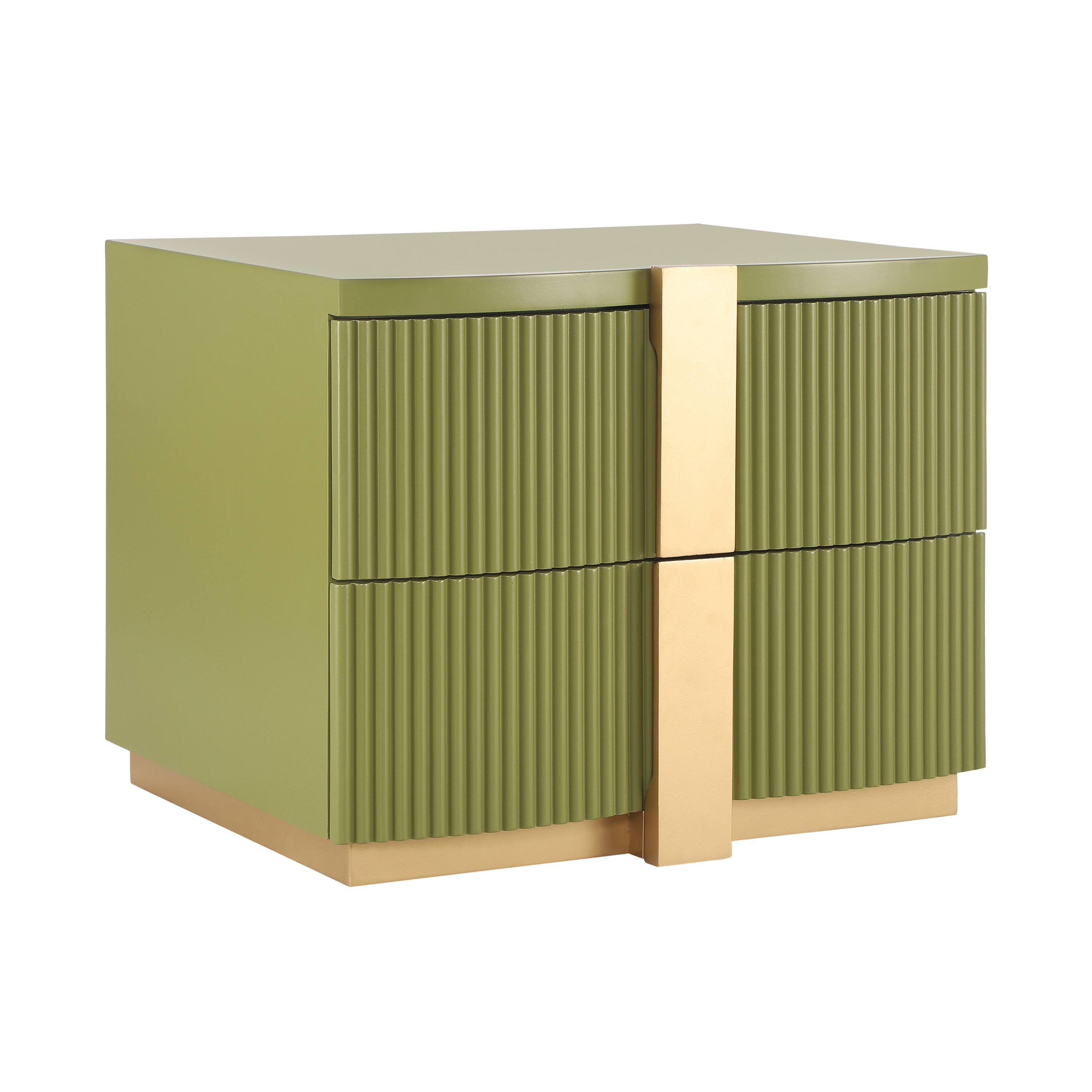 Angle. Whisen - 2-Drawer Fluted Nightstand,Fully Assembled Bedside Table with Heavy-Duty Base and Gold Pulls - Olive Green.