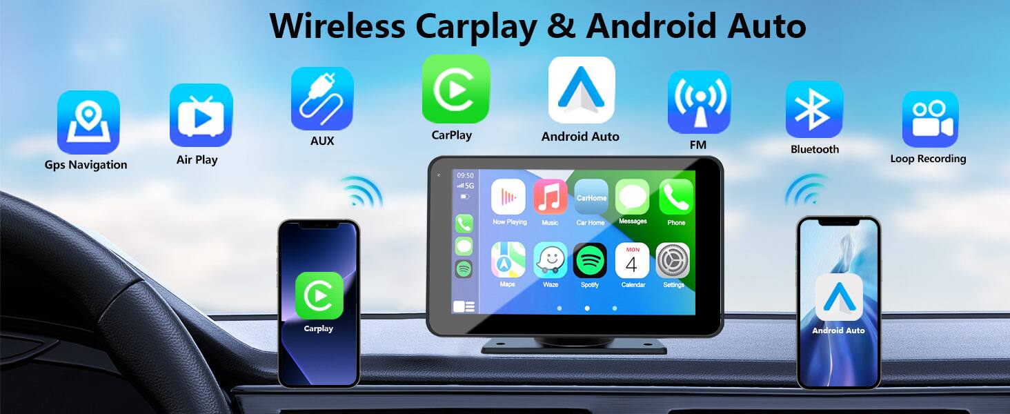 Wireless Carplay & Android Auto

Gps Navigation  
Air Play  
AUX  
CarPlay  
Android Auto  
FM  
Bluetooth  
Loop Recording  

Now Playing  
Music  
Car Home  
Messages  
Phone  
Maps  
Waze  
Spotify  
MON 4  
Calendar  
Settings  

Carplay  
Android Auto