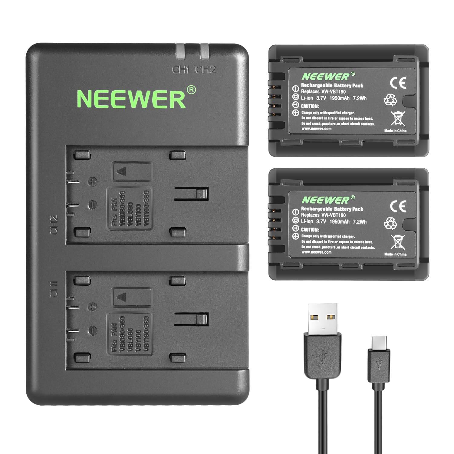 NEEWER Rechargeable Battery Pack  
Replaces W-VBT190  
Li-ion 3.7V 1950mAh 7.2Wh  

CAUTION:  
- Charge only with specified charger.  
- Do not disassemble, crush, puncture, or expose to heat.  
- Do not short circuit.  

www.neewer.com  
Made in China  

CH1 CH2  
PAN D9E/OBIX8A  
VBT190-380  
Fits VBL090 VBY100  

NEEWER Rechargeable Battery Pack  
Replaces W-VBT190  
Li-ion 3.7V 1950mAh 7.2Wh  

CAUTION:  
- Charge only with specified charger.  
- Do not disassemble, crush, puncture, or expose to heat.  
- Do not short circuit.  

www.neewer.com  
Made in China  

CH1 CH2  
PAN VBKI80/360  
VBT190/360  
Fits 06078A VBY100
