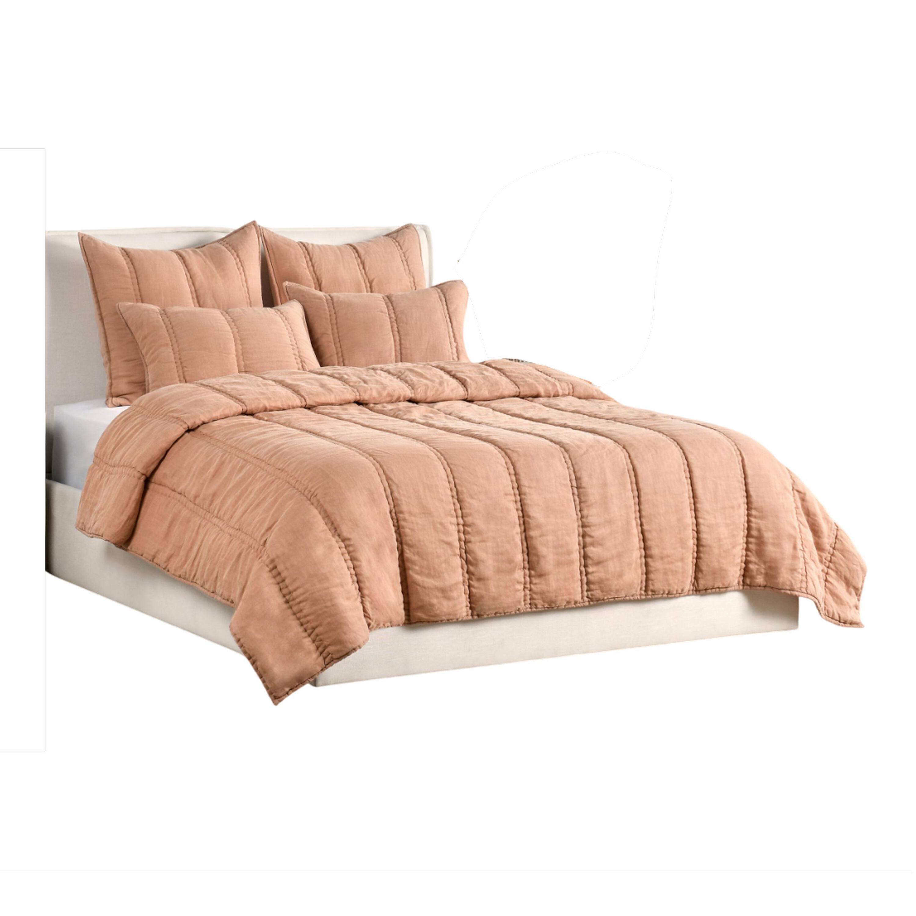 Front. Manhattan Lane - Rawi King Size Quilt, Clay Linen Like Ramie Fabric, Channel Stitching - Taupe Beige.