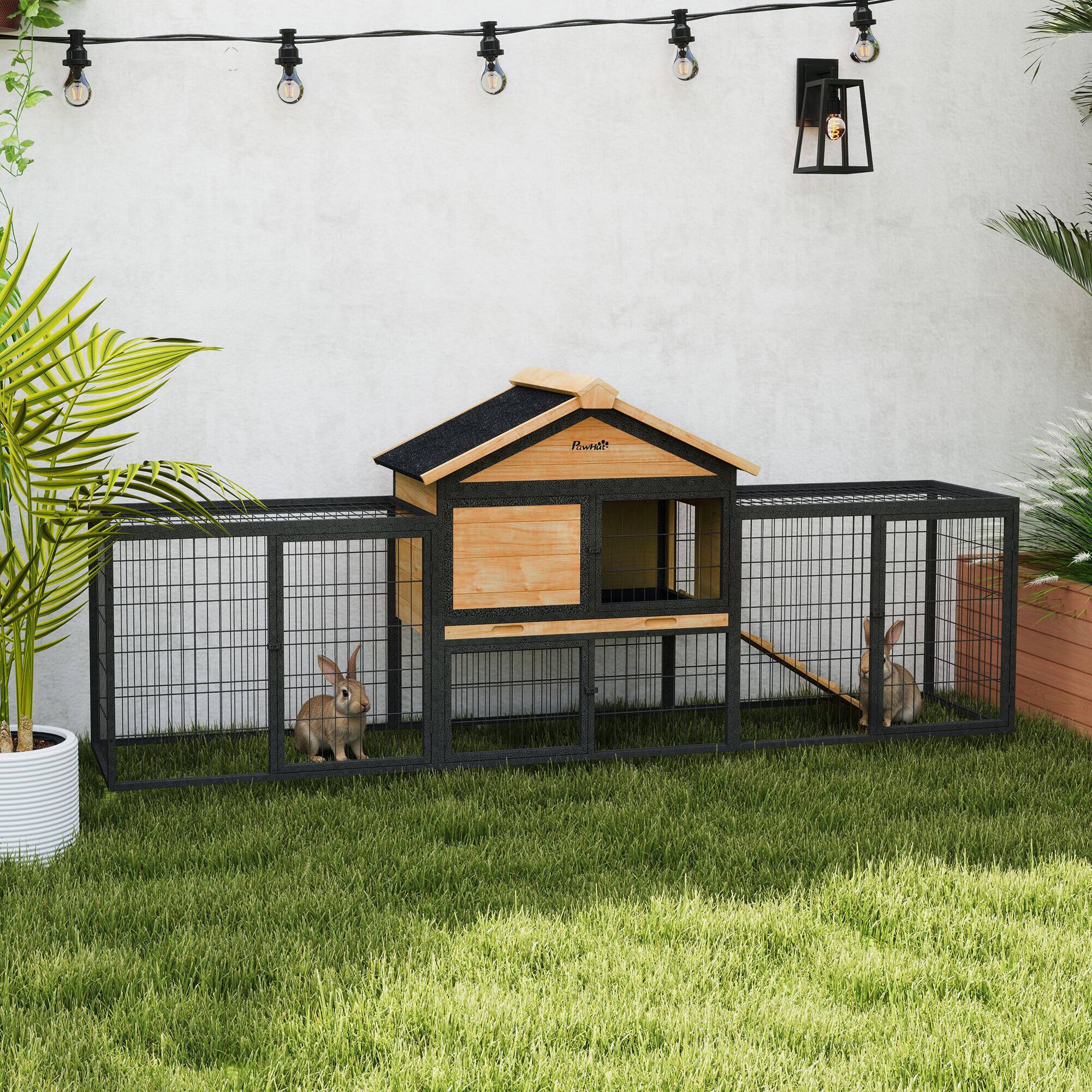 Angle. Pawhut - 85" Large Wooden Rabbit Hutch Outdoor, Steel Run, Removable, No Leakage Tray, Waterproof Roof, Metal Frame.