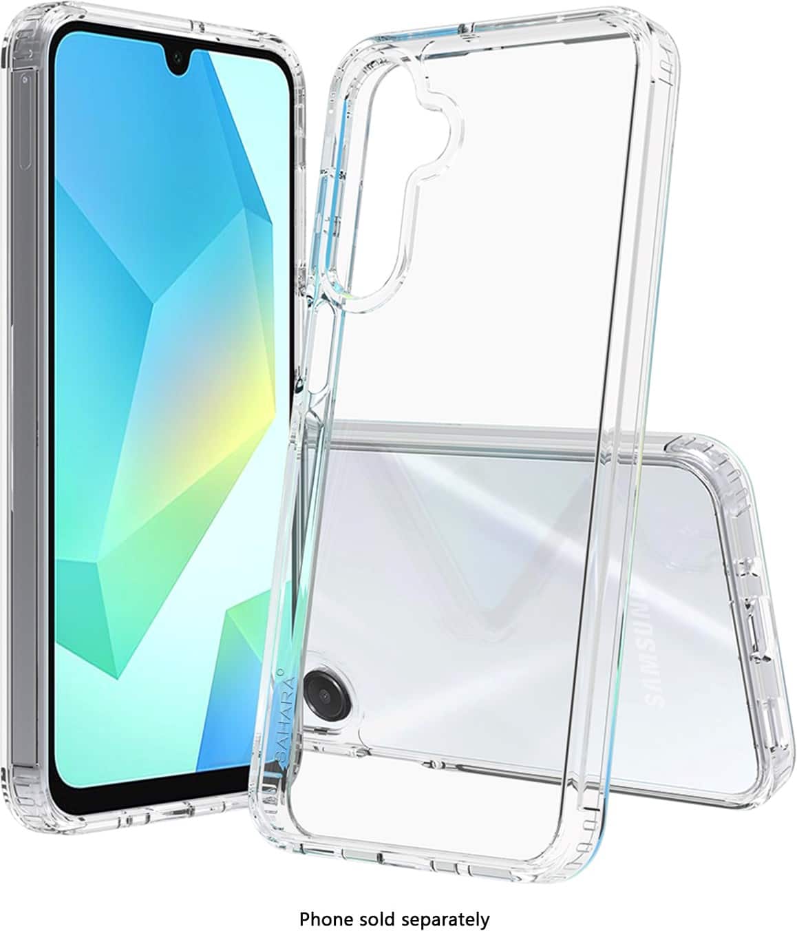 The image features a Samsung phone that is sold separately. The phone is displayed in a clear case, which is also sold separately. The case is designed to protect the phone and is made of clear plastic, allowing the phone to be visible while still being protected. The phone and case are both available for purchase, making it a convenient and stylish option for Samsung phone users.