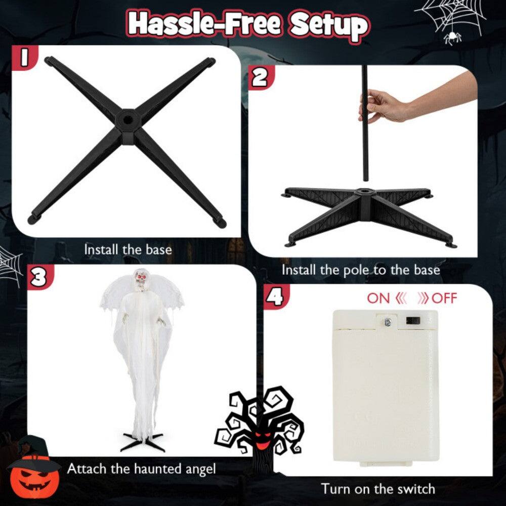 1. Install the base
2. Install the pole to the base
3. Attach the haunted angel
4. Turn on the switch