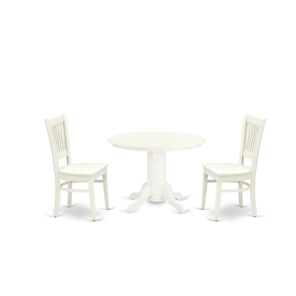 Left. East West Furniture - East West Furniture - SHVA3-LWH-W - 3-Pc Dining Room Set- 2 Wooden Dining Chairs and Round Dining Room Table - Wooden - Linen White.