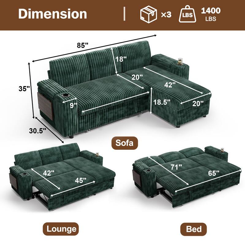 Dimension  
1400 LBS  
Sofa: 85" x 35" x 18" x 20" x 42" x 9" x 18.5" x 20" x 30.5"  
Lounge: 42" x 45"  
Bed: 71" x 65"