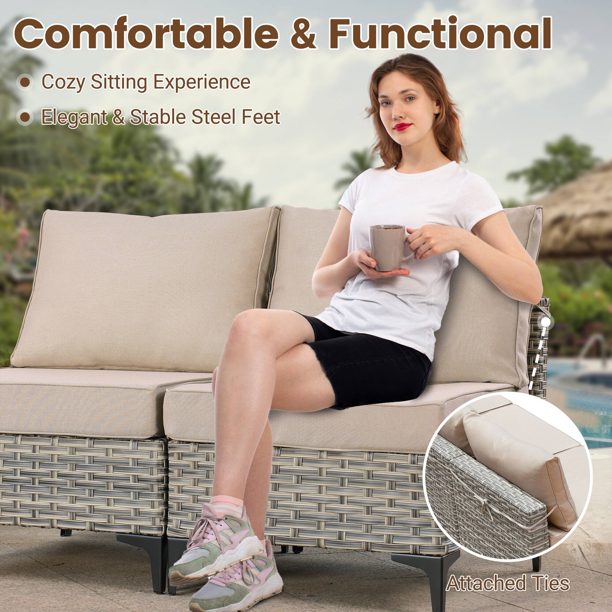 Comfortable & Functional  
- Cozy Sitting Experience  
- Elegant & Stable Steel Feet  
Attached Ties