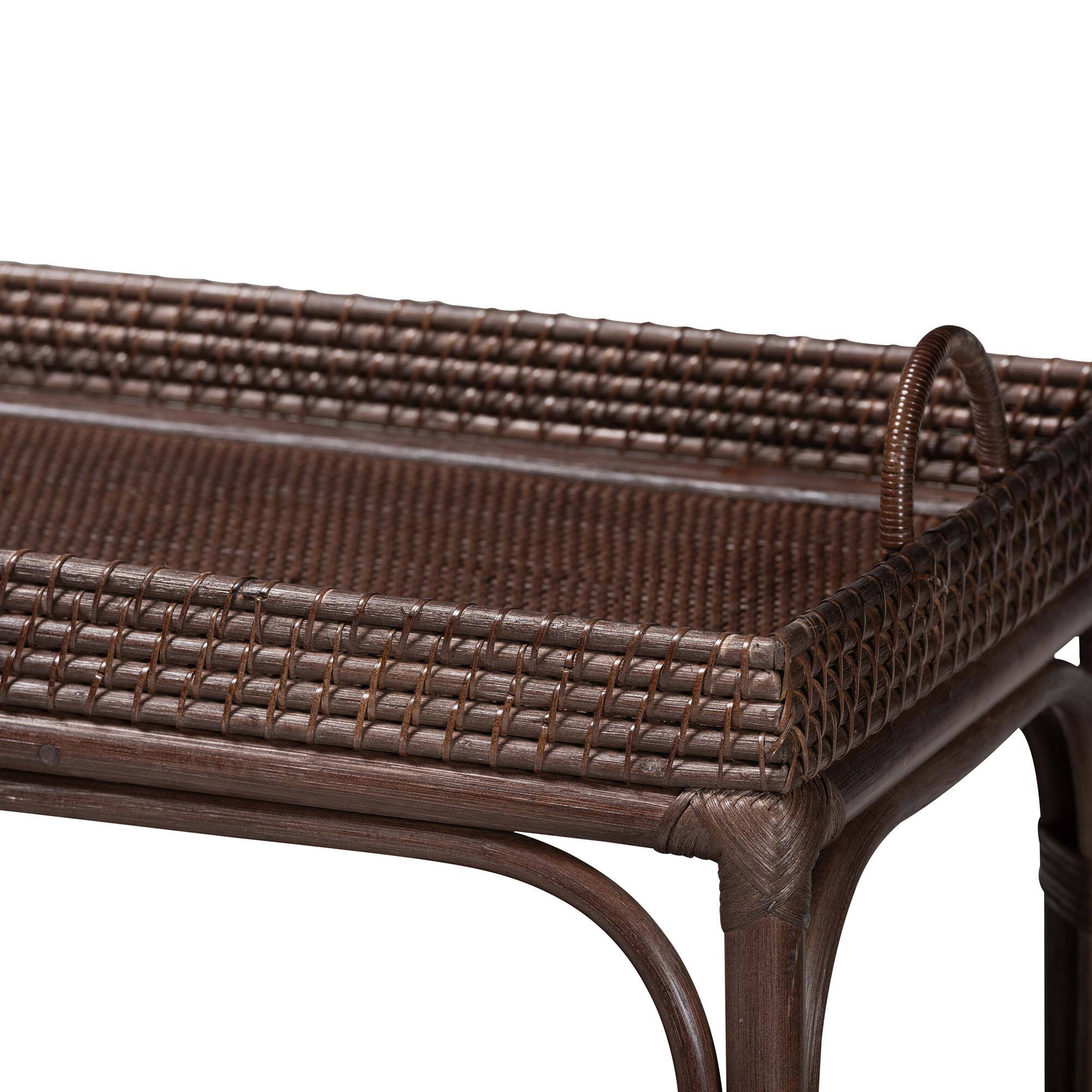 Back. bali & pari - Lombok Natural Rattan Console Table - Handwoven Wicker 2-Tier Accent Table with Raised Tray Top - Coffee Bean.