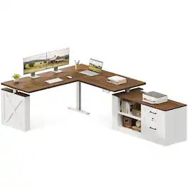 OffiGo - Farmhouse L-Shaped Standing Desk with File Cabinet & Decorative Legs, Electric Height Adjustable Workstation - Walnut/White