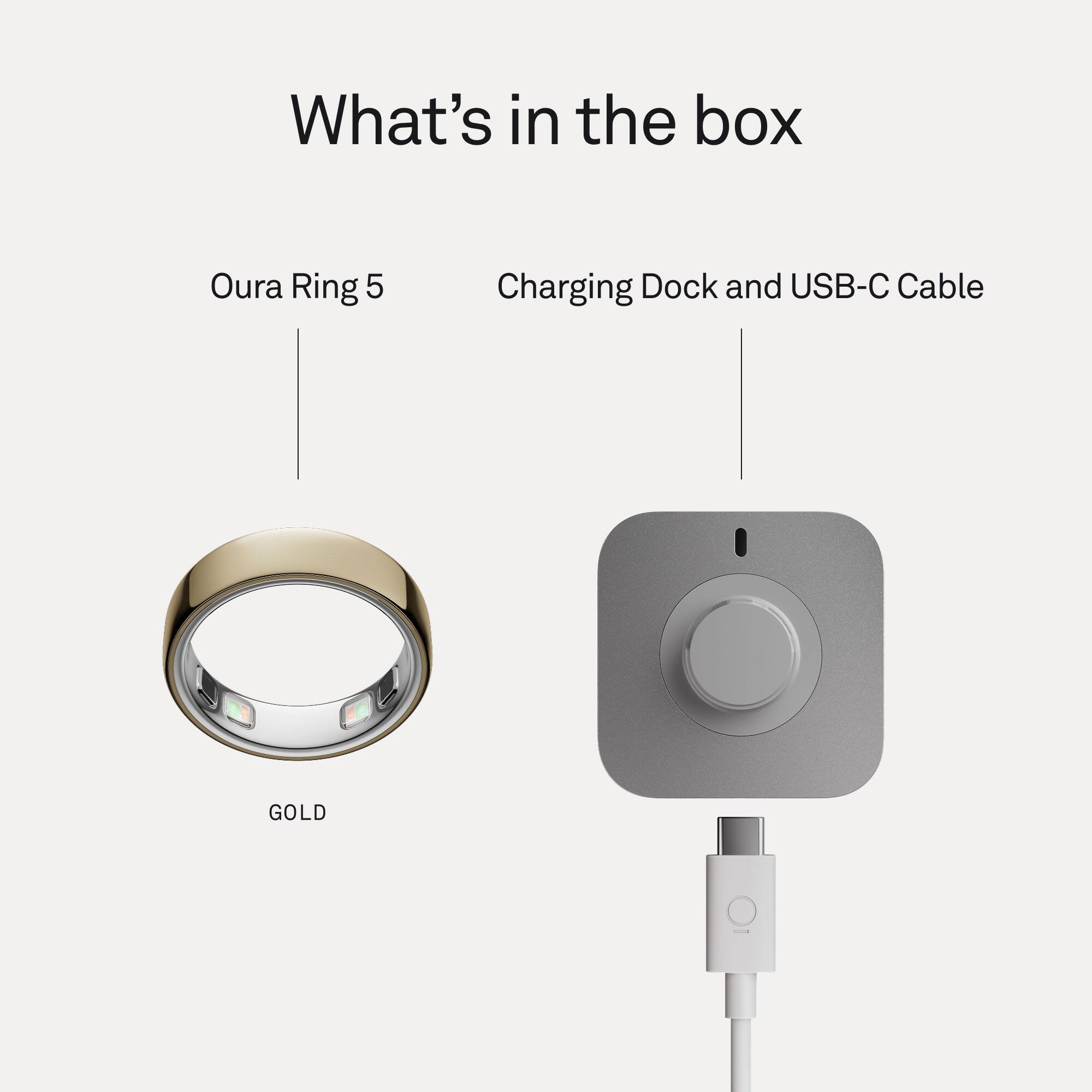 What's in the box: Oura Ring 5, Charging Dock and USB-C Cable (GOLD)