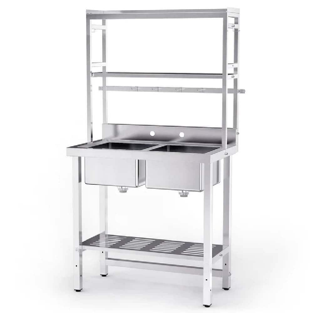 Winado - Commercial Double Bowl Kitchen Sink 2 Compartment Utility Sink with Storage Shelves and Hooks for Restaurant Outdoor Use - Silver