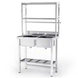 Winado - Commercial Double Bowl Kitchen Sink 2 Compartment Utility Sink with Storage Shelves and Hooks for Restaurant Outdoor Use - Silver