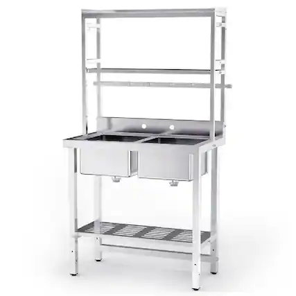 Front. Winado - Commercial Double Bowl Kitchen Sink 2 Compartment Utility Sink with Storage Shelves and Hooks for Restaurant Outdoor Use - Silver.