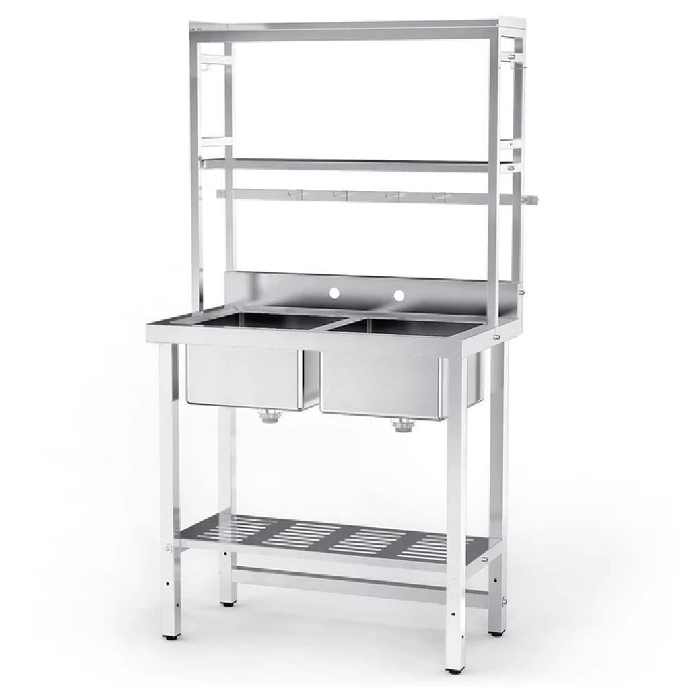 Front. Winado - Commercial Double Bowl Kitchen Sink 2 Compartment Utility Sink with Storage Shelves and Hooks for Restaurant Outdoor Use - Silver.