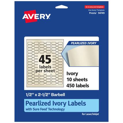 Go to avery.com/templates
Use Avery Template Presta® 94749
PEARLIZED IVORY
45 labels per sheet
Ivory 10 sheets 450 labels
1/2" x 2-1/2" Barbell Pearlized Ivory Labels with Sure Feed® Technology for Laser/Inkjet