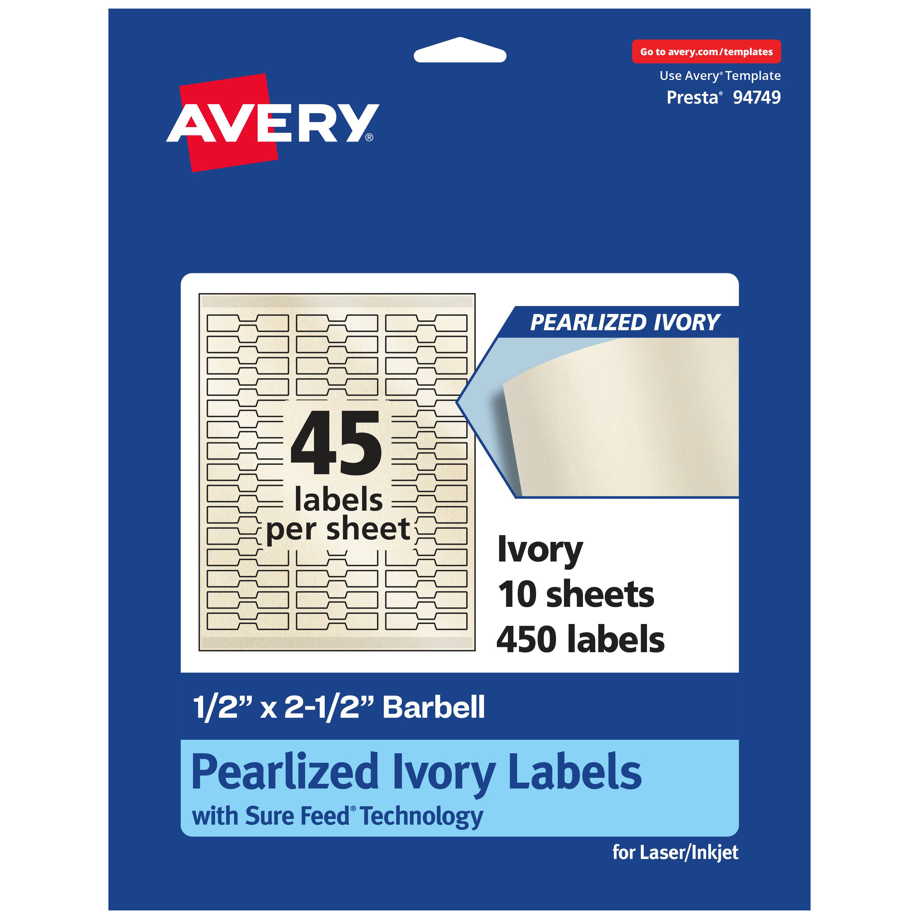 Go to avery.com/templates  
Use Avery Template Presta® 94749  

PEARLIZED IVORY  
45 labels per sheet  
Ivory 10 sheets 450 labels  

1/2" x 2-1/2" Barbell Pearlized Ivory Labels with Sure Feed® Technology for Laser/Inkjet