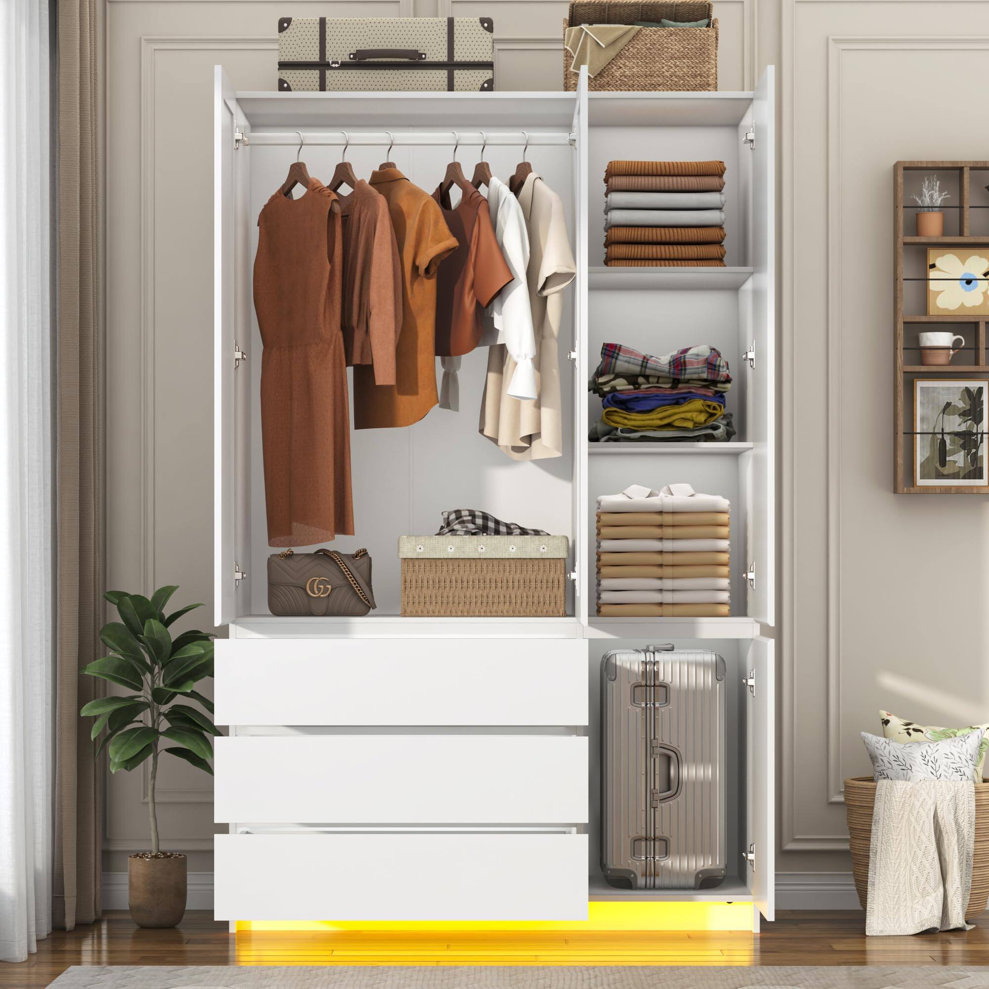 Left. Lent Glitter Wood - 3 Doors Armoire Wardrobe Closet with 3 Drawers Mirror, Modern Wooden Bedroom Armoires with Hanging Rod Led Lights - white.