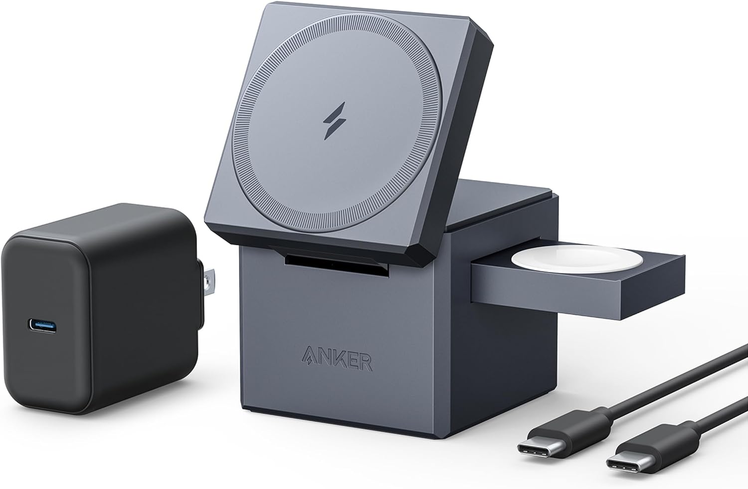 Alt View 1. Anker - MagSafe Charger Stand, iPhone 16 Wireless Charger, 3-in-1 Cube with MagSafe, 15W Foldable Fast Charging Stand - Gray.