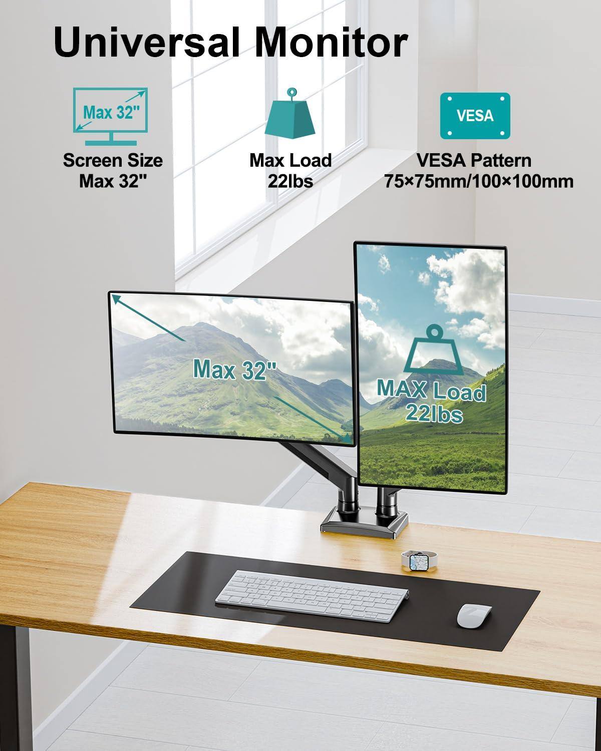 Universal Monitor

- Screen Size: Max 32"
- Max Load: 22lbs
- VESA Pattern: 75x75mm/100x100mm