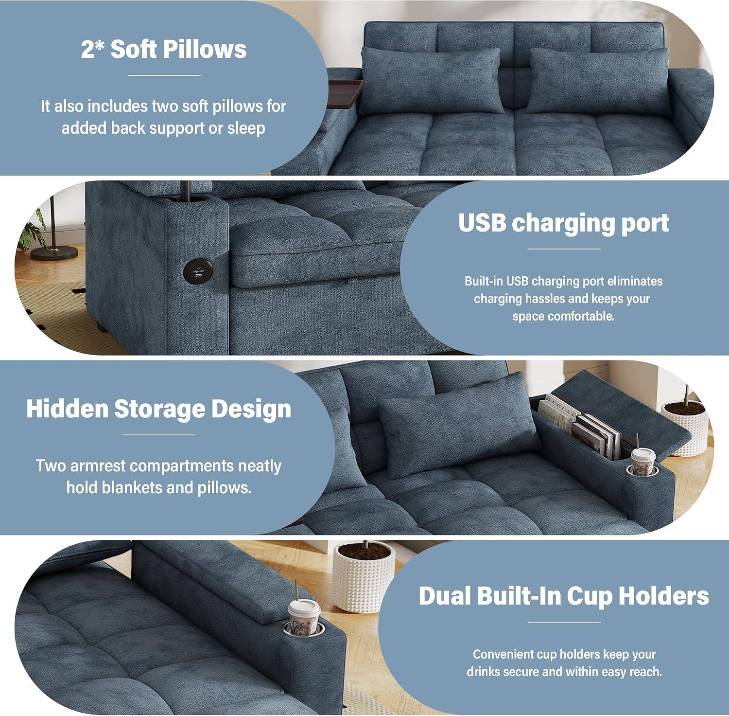 2* Soft Pillows  
It also includes two soft pillows for added back support or sleep

USB charging port  
Built-in USB charging port eliminates charging hassles and keeps your space comfortable

Hidden Storage Design  
Two armrest compartments neatly hold blankets and pillows

Dual Built-In Cup Holders  
Convenient cup holders keep your drinks secure and within easy reach