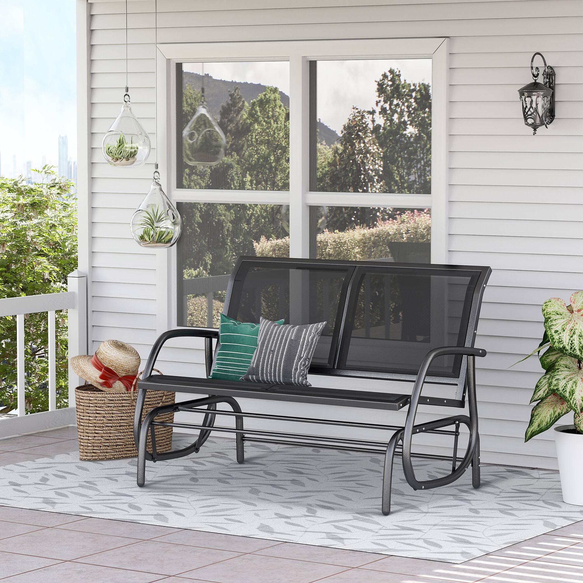 Angle. AOOLIVE - 2-Person Outdoor Glider Bench,Patio Swing Rocking Loveseat w/ Powder Coated Steel Frame for Backyard,Garden,Porch,Black - Gray.