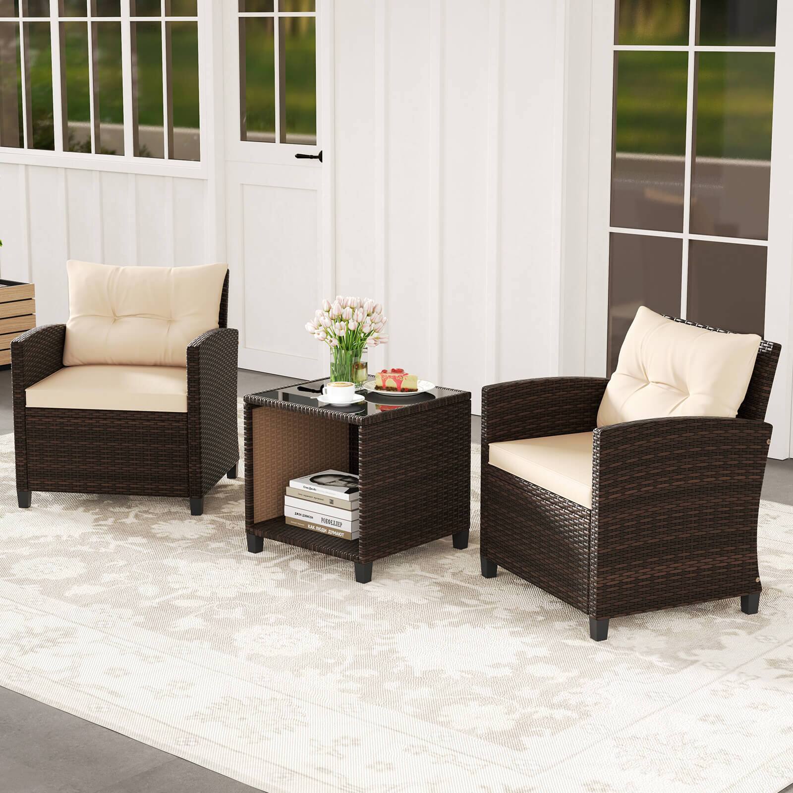 Alt View 1. Costway - Costway 3 PCS Patio Sofa Set with Cushions & Tempered Glass Tabletop for Backyard - Beige.