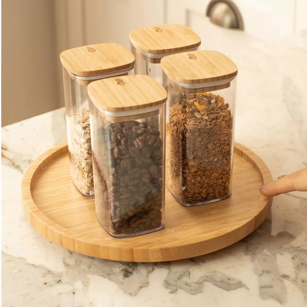 Angle. OU - OU Food Storage Container Set 8pc (set of 4) w Airtight Bamboo Lid, Plastic Food Container - Clear.