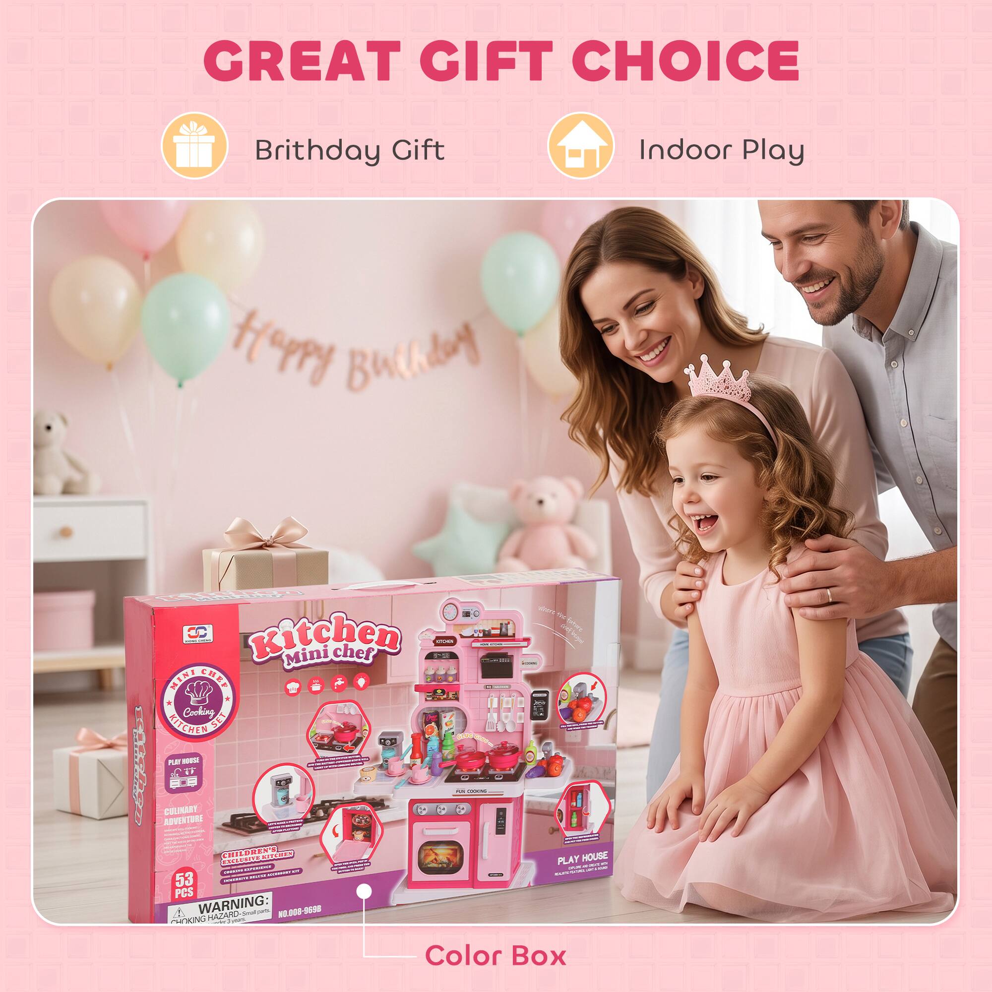 GREAT GIFT CHOICE  
Birthday Gift  
Indoor Play  
Happy Birthday  
Digation Kitchen Mini Chef Mean MINI Cooking KITCHEN SET PLAY  
Joy fords  
- -  
CULINARY ADVENTURE CHILDREN'S KITCHEN CHOKIN ANCHER MINIATA CNE ANDORT 53 JORDO PCS WARNING: HAZARD- Small NO. 008 9698 CHOKING Systed  
PLAY HOUSE  
Color Box