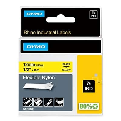 DYMO - Rhino Industrial 18490 Flexible Nylon Label Maker Tape, 1/2" x 11-1/2', (18490) - Black on Yellow