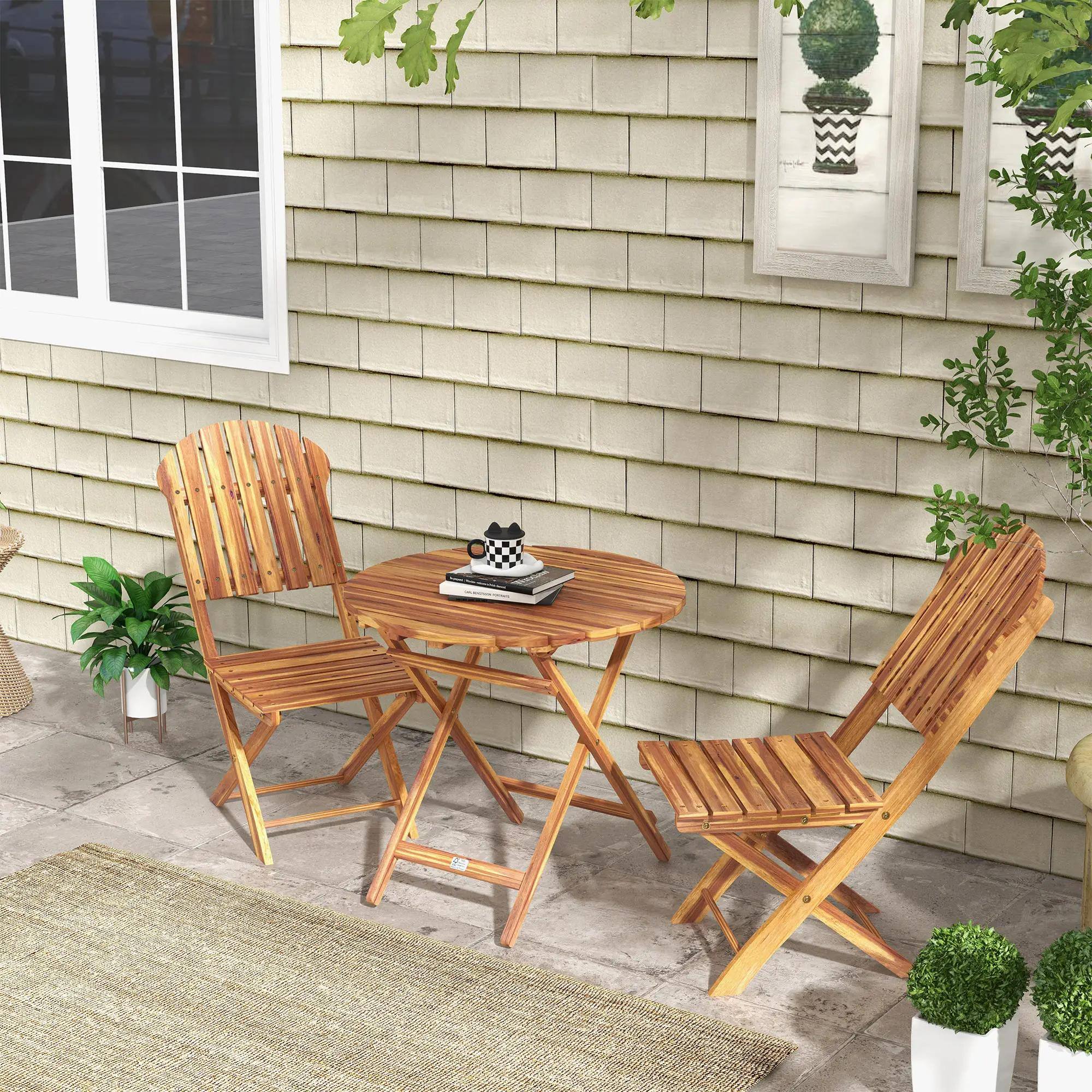 Back. Resenkos - Resenkos Foldable Outdoor Bistro Set, Two Chairs And A Coffee Table, Acacia Wood, Natural Wood Finish - Natural Wood.
