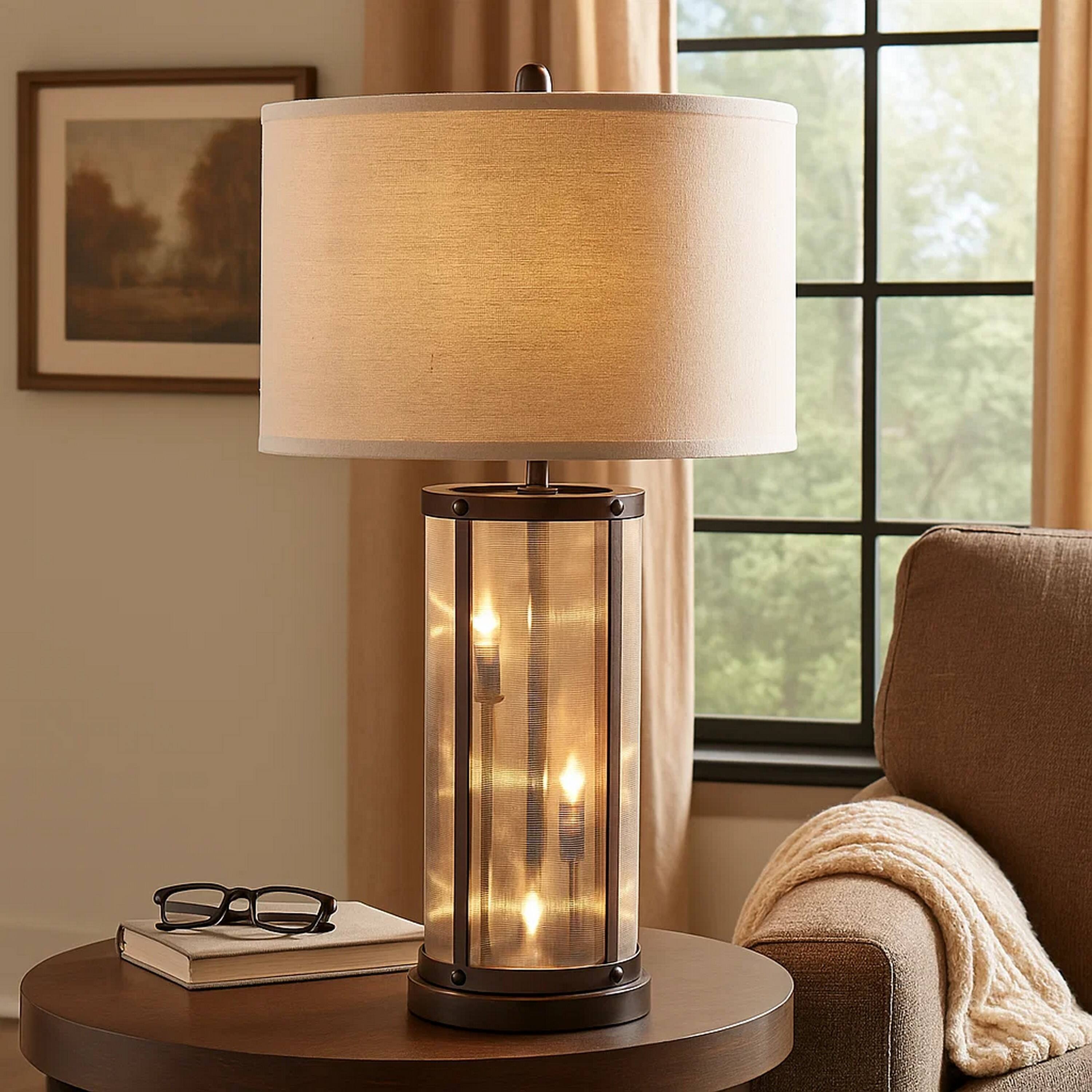 Alt View 2. Manhattan Lane - 31 Inch Table Lamp, Classic Drum Fabric Shade, Modern Metal Base - Bronze, Brown.