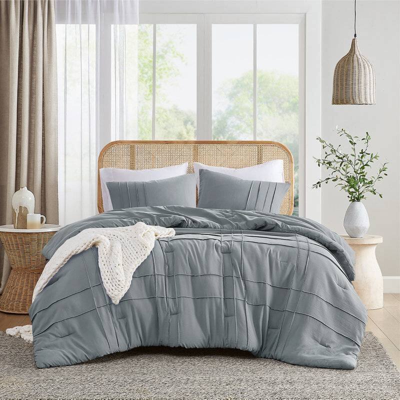 Angle. Hivvago - Twin/Twin XL Pleated Pre-Washed Microfiber Comforter Set in Blue Grey - Blue , Grey.