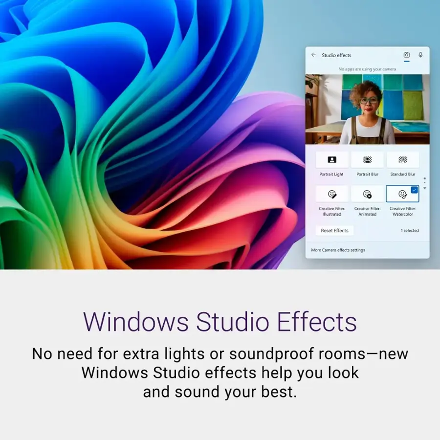 Windows Studio Effects: No need for extra lights or soundproof rooms - new Windows Studio effects help you look and sound your best.