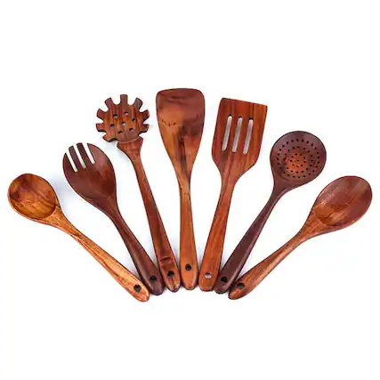 Front. Dazzed Corner - 7 Pcs Wooden Kitchen Cooking Utensils with Hanging Hooks, Plastic-Free Cooking Tools for Non-Stick Cookware.