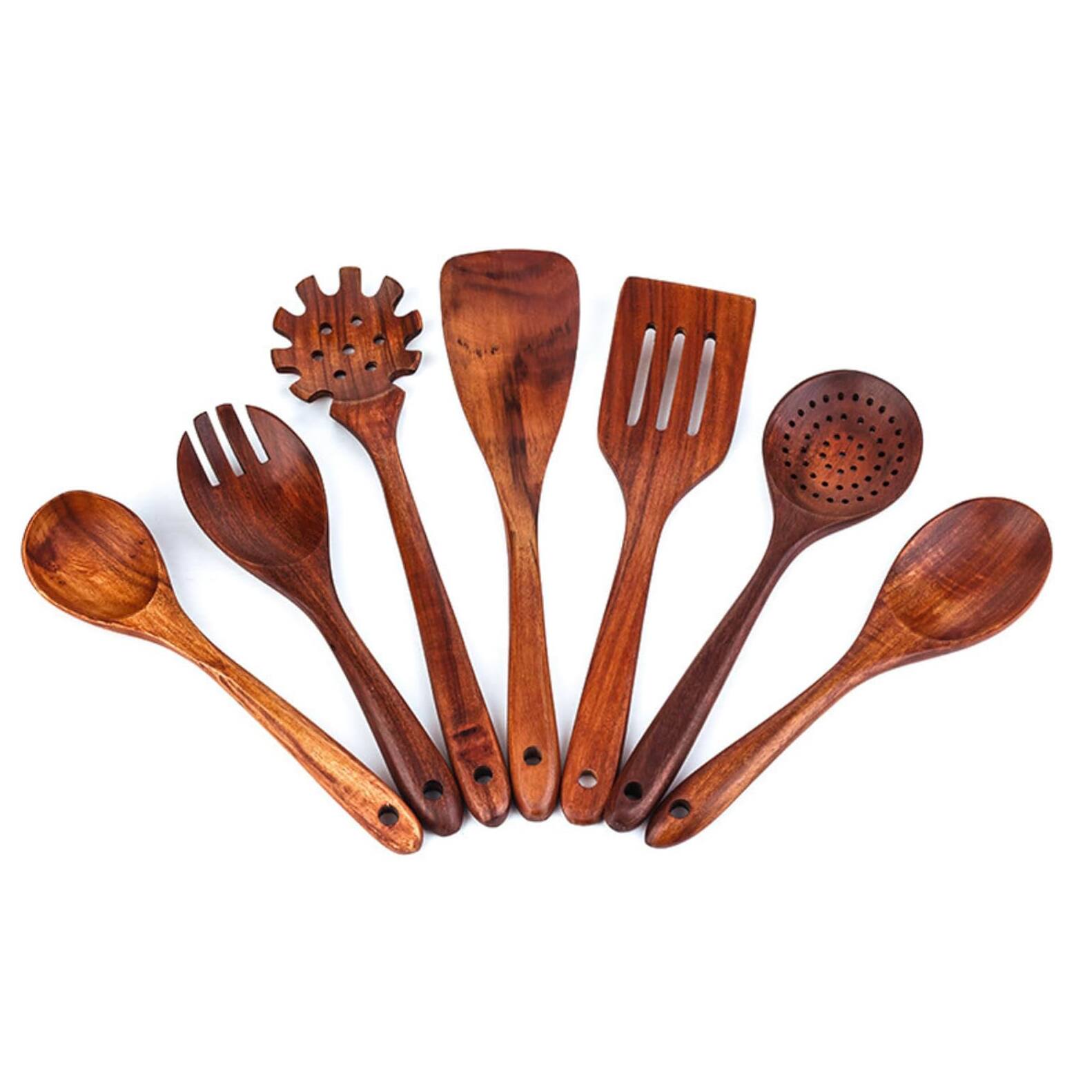 Front. Dazzed Corner - 7 Pcs Wooden Kitchen Cooking Utensils with Hanging Hooks, Plastic-Free Cooking Tools for Non-Stick Cookware.