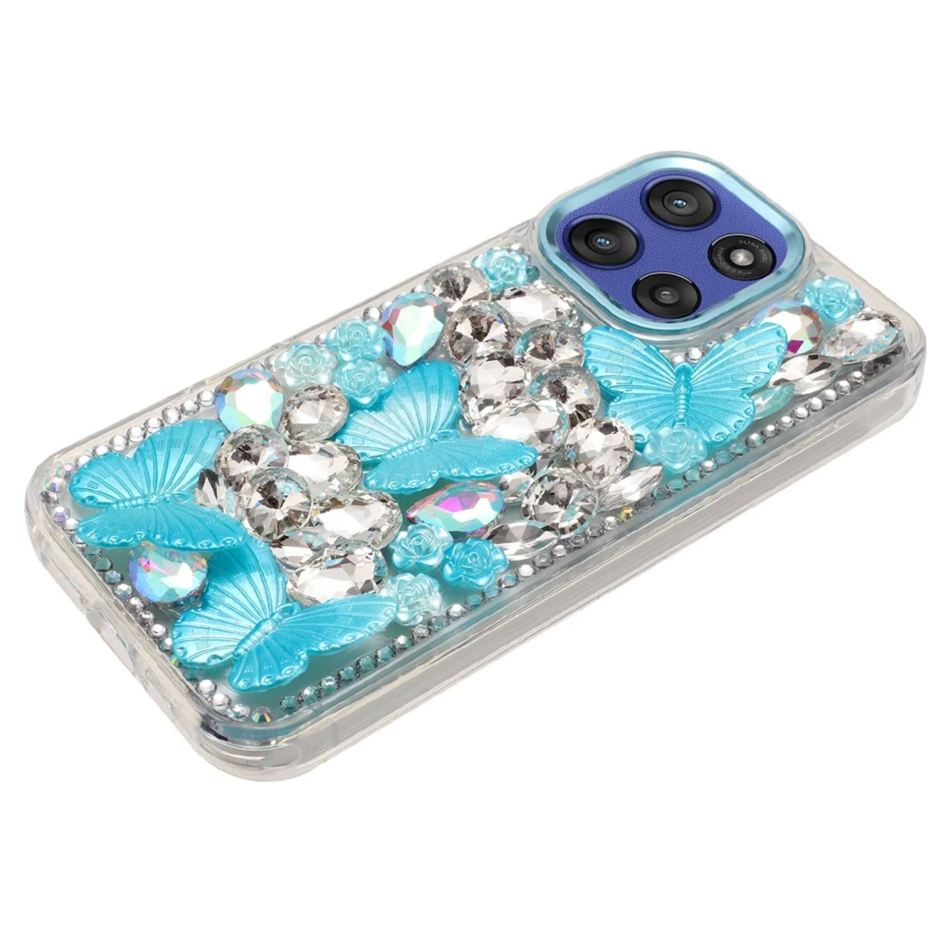 Left. Kitcheniva - Bling Diamond Large Butterflies Case Plus Tempered Glass For Moto G Stylus 2026/2025 Blue - Blue.