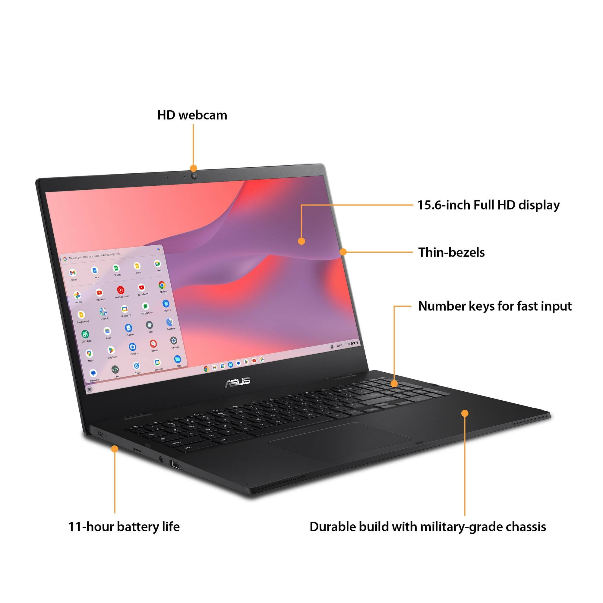 - HD webcam
- 15.6-inch Full HD display
- Thin-bezels
- Number keys for fast input
- 11-hour battery life
- Durable build with military-grade chassis