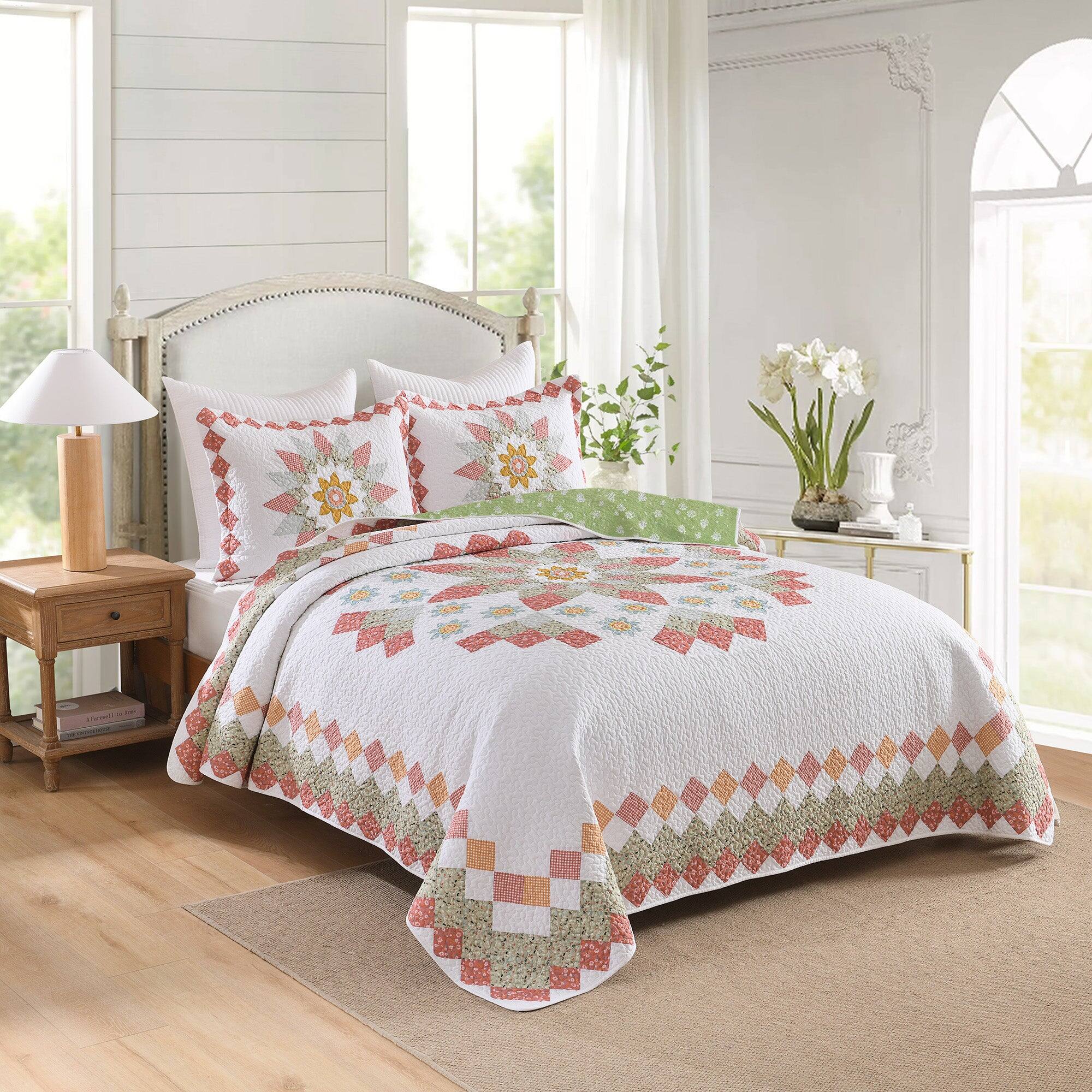 Angle. MarCielo - MarCielo 3 Pcs 100% Cotton Vibrant Floral Patchwork Quilt Bedspread Set - Multicolored.