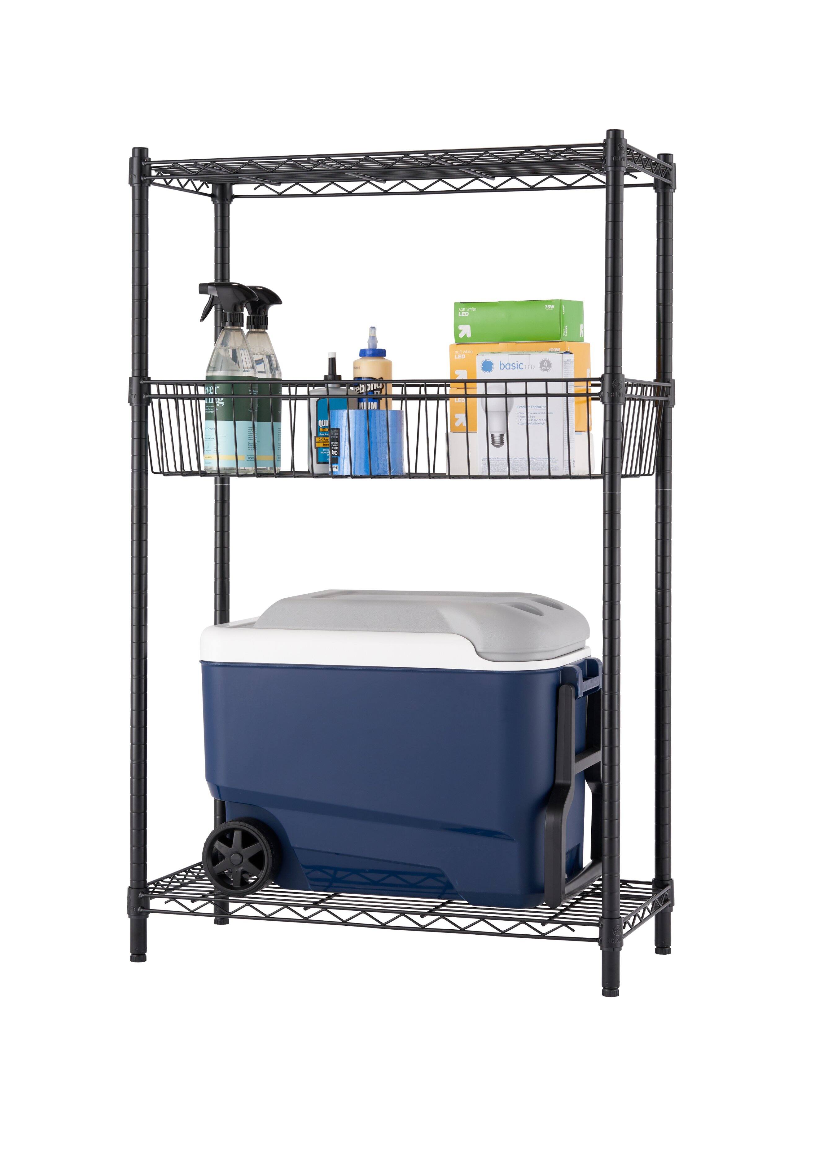 The image shows a blue cooler sitting on a metal shelf. The shelf is filled with various items, including multiple bottles and a cup. The cooler is placed on the bottom shelf, while the bottles and cup are arranged on the top shelf. The scene suggests a well-organized storage area for these items.