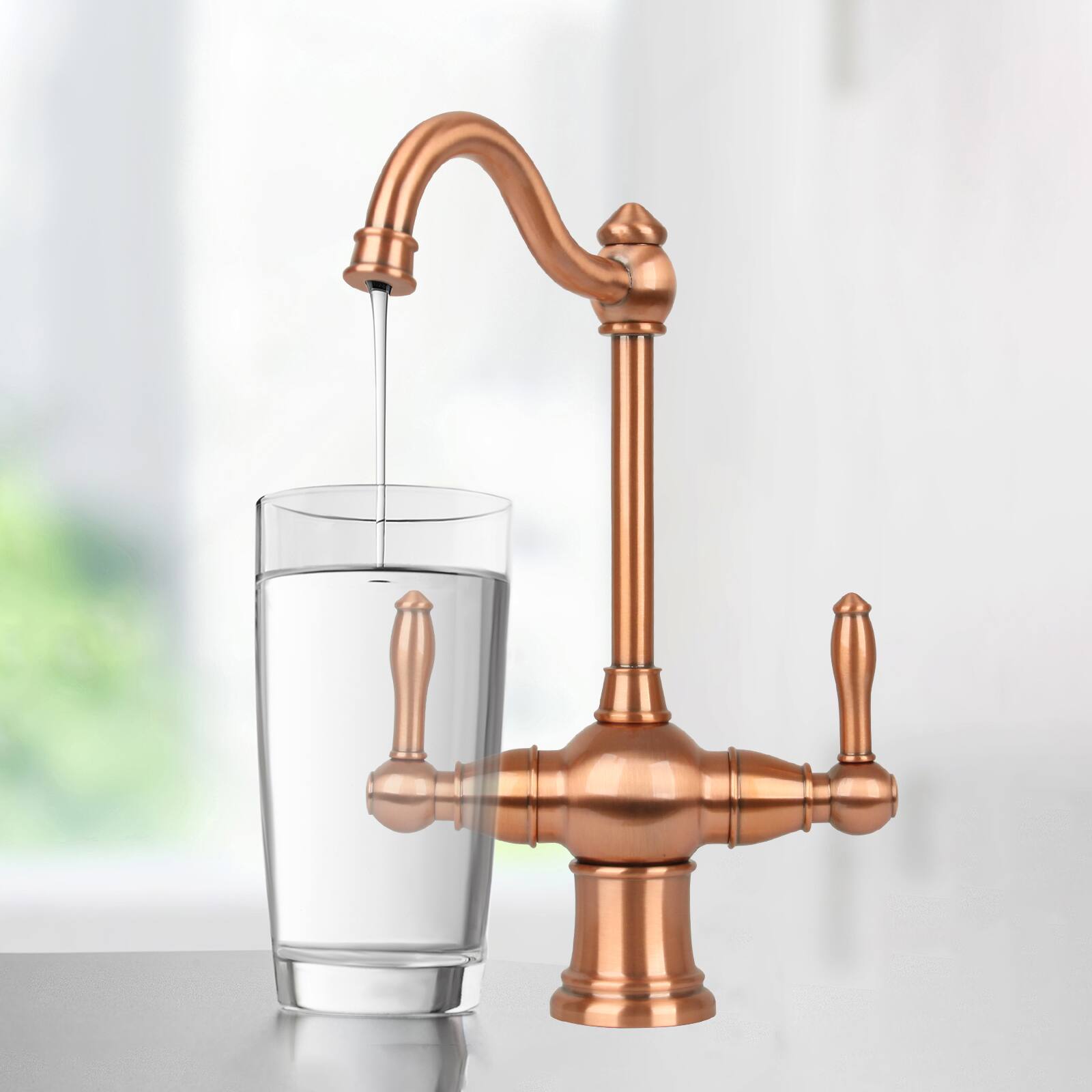 Alt View 4. Akicon - Akicon Solid Brass Two-Handles Widespread Kitchen Drinking Water Filter Faucet, Dual Lever Hot and Cold Water in Copper - Copper.