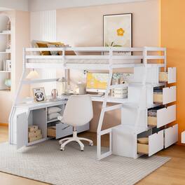 Tiramisubest - Full Size White Loft Bed with 7 Drawers, 2 Shelves & Desk - Plywood - White