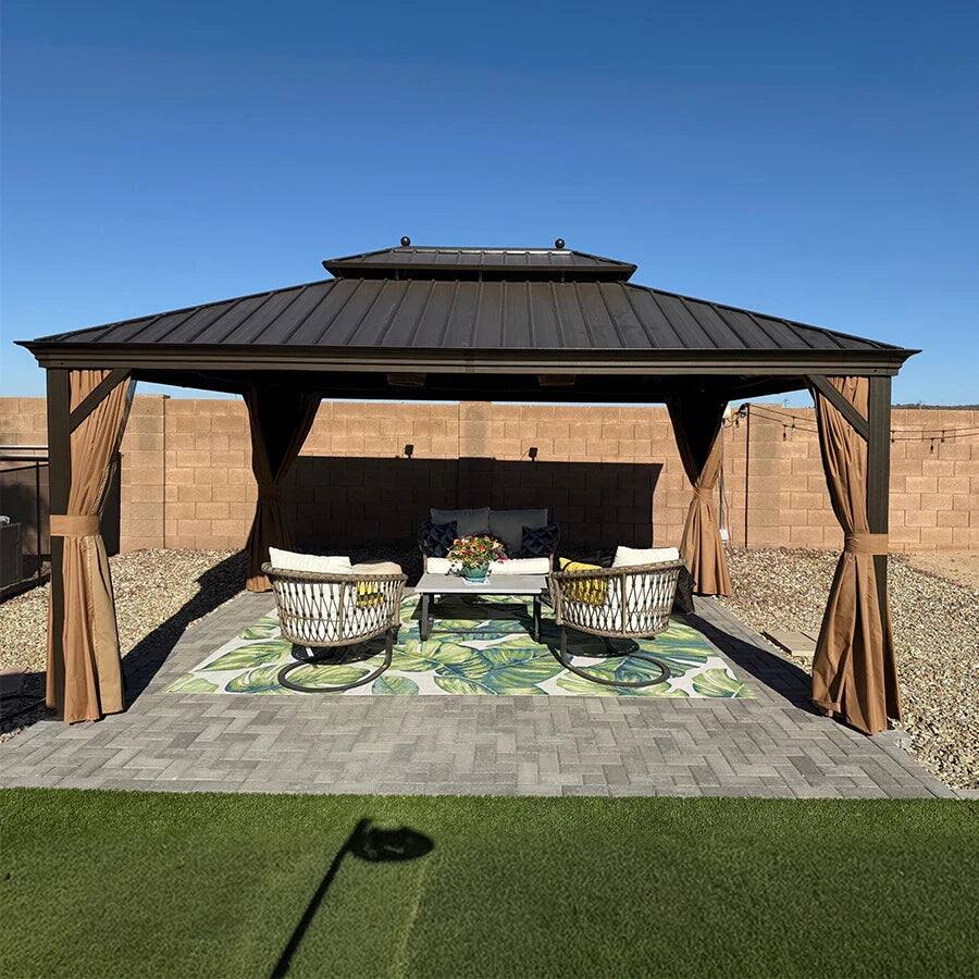 Alt View 1. PURPLE LEAF - 12 X 16 FT Outdoor Aluminum Hardtop Gazebo with Metal Double Roof with Netting and Curtains, Khaki Permanent Pavilion - 12' X 16'.