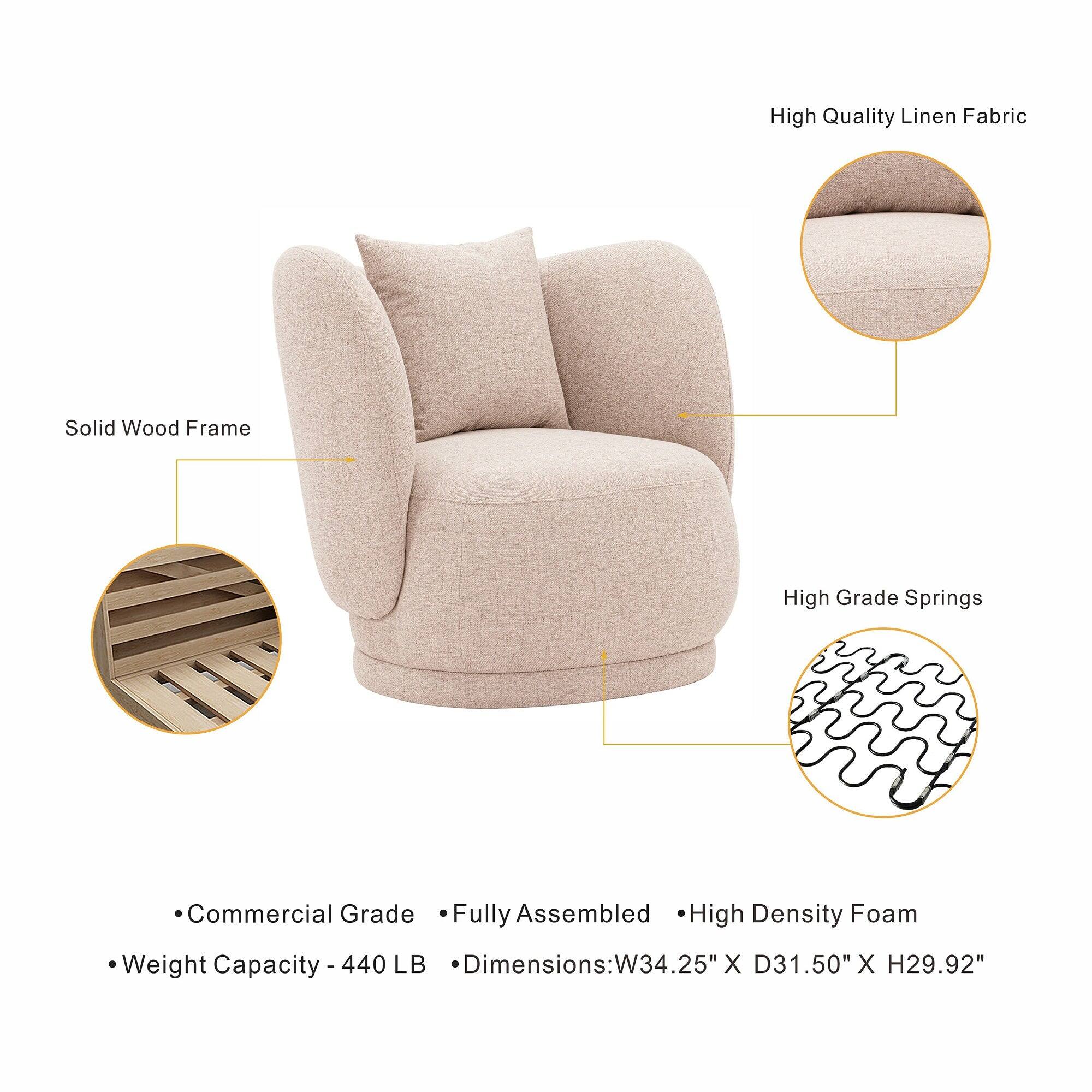 High Quality Linen Fabric  
Solid Wood Frame  
High Grade Springs  
Commercial Grade Fully Assembled High Density Foam  
Weight Capacity: 440 LB  
Dimensions: W34.25" X D31.50" X H29.92"
