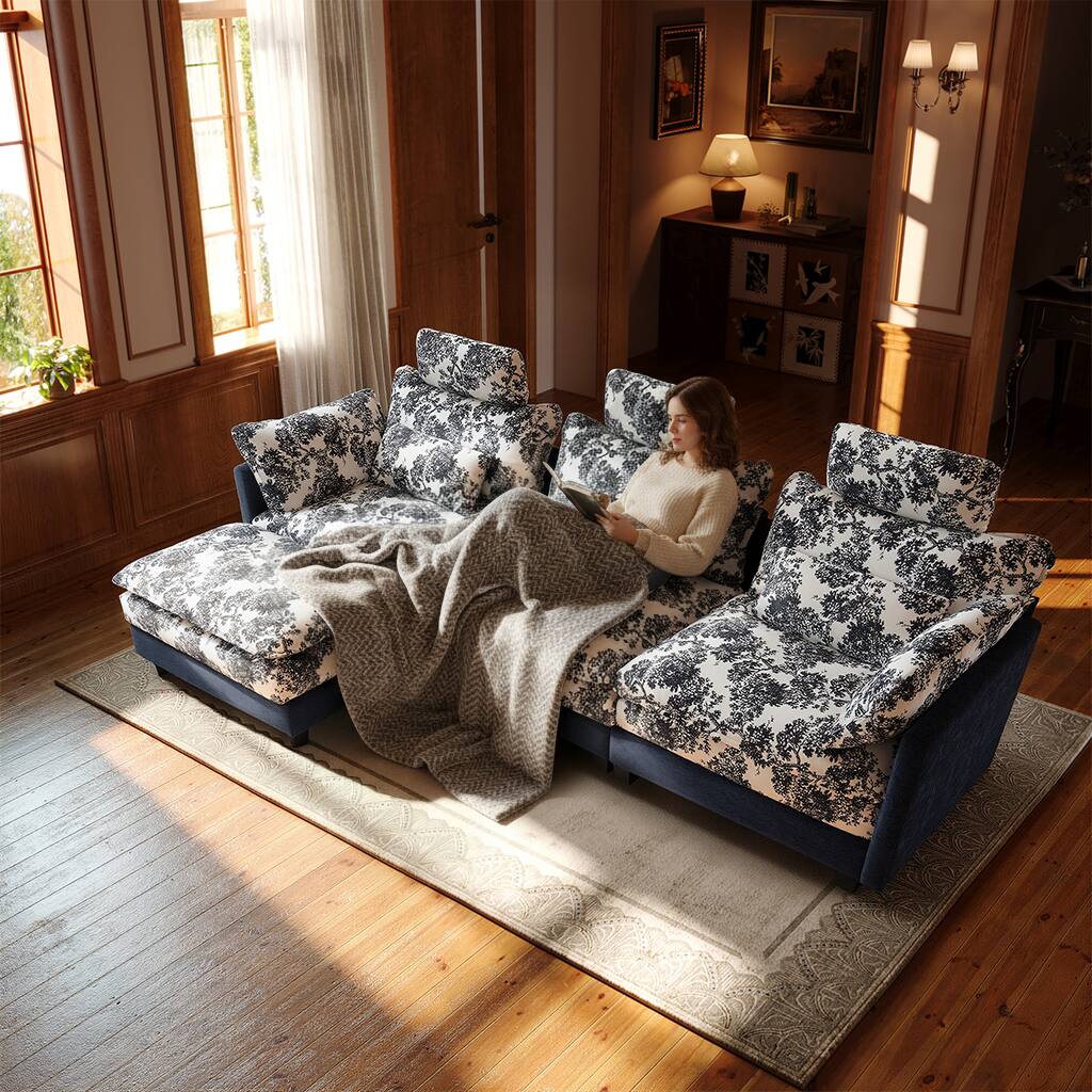 Back. Homsee - Vintage Floral Chenille Sectional Sofa, 4-Seater L-Shaped Couch with High Backrest, Spring Support & Plush Pillows - Dark Blue.