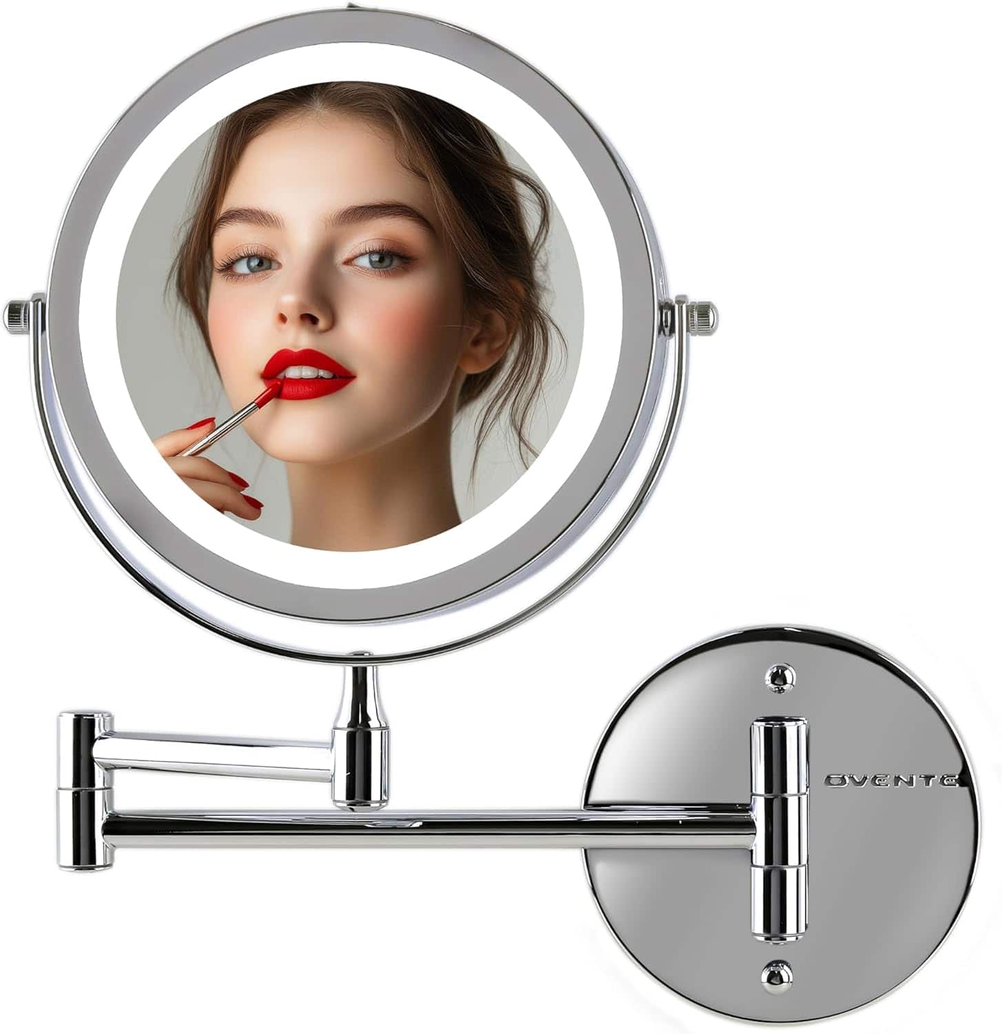 Stamp n Camp - OVENTE 9" Lighted Wall Mount Makeup Mirror with 1X/10X Magnification, Cordless Double Sided Magnifying Round Vanity and - Polished Chrome-10.3"L x 9.5"W-7X Magnification