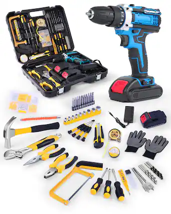 Sure, here is the corrected and grouped text from the image:
---
**Tool Set Contents:**
- **Drill and Accessories:**
- Cordless Drill (Blue and Black)
- Drill Bits (Various Sizes)
- Drill Bit Holder
- Drill Bit Storage Case
- **Hand Tools:**
- Hammer (Black and Yellow)
- Pliers (Various Types)
- Screwdrivers (Various Sizes)
- Wrenches (Various Sizes)
- Socket Set (Various Sizes)
- Tape Measure
- Level
- Utility Knife
- Wire Stripper
- Wire Cutter
- Screwdriver Bits (Various Sizes)
- Allen Wrenches (Various Sizes)
- Pliers (Various Types)
- Hammer (Black and Yellow)
- Tape Measure
- Level
- Utility Knife
- Wire Stripper
- Wire Cutter
- Screwdriver Bits (Various Sizes)
- Allen Wrenches (Various Sizes)
- Pliers (Various Types)
- **Additional Items:**
- Gloves (Black)
- Tape (Yellow and Black)
- Battery (Blue and Red)
- Charger (Blue and Red)
- **