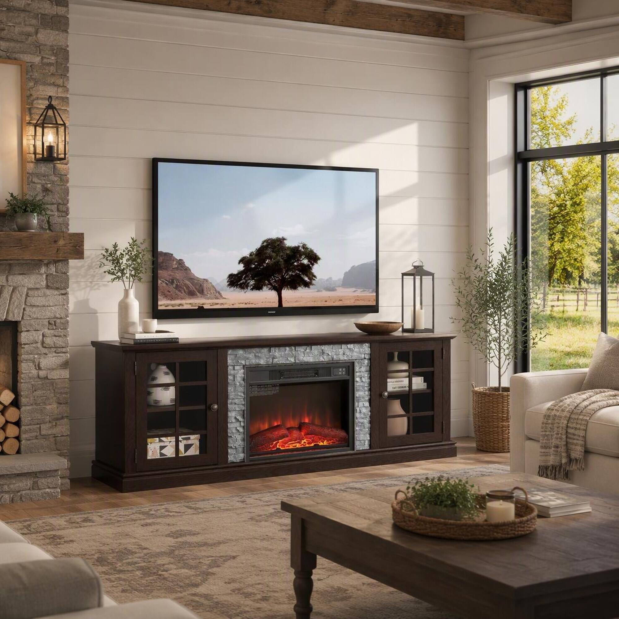 Angle. RYHNUYNE - 70-Inch Electric Fireplace TV Stand with Faux Stone Finish, Dual Storage Cabinets, Adjustable Shelves - Cherry.