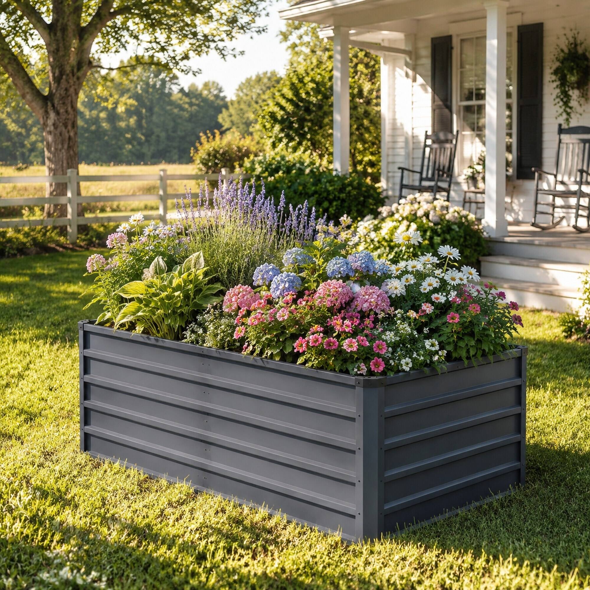 Angle. RYHNUYNE - Large 6x3x2ft Raised Garden Bed Kit 2 Pack Grey Galvanized Metal Planter Boxes for Vegetables Flowers Herbs - Grey.