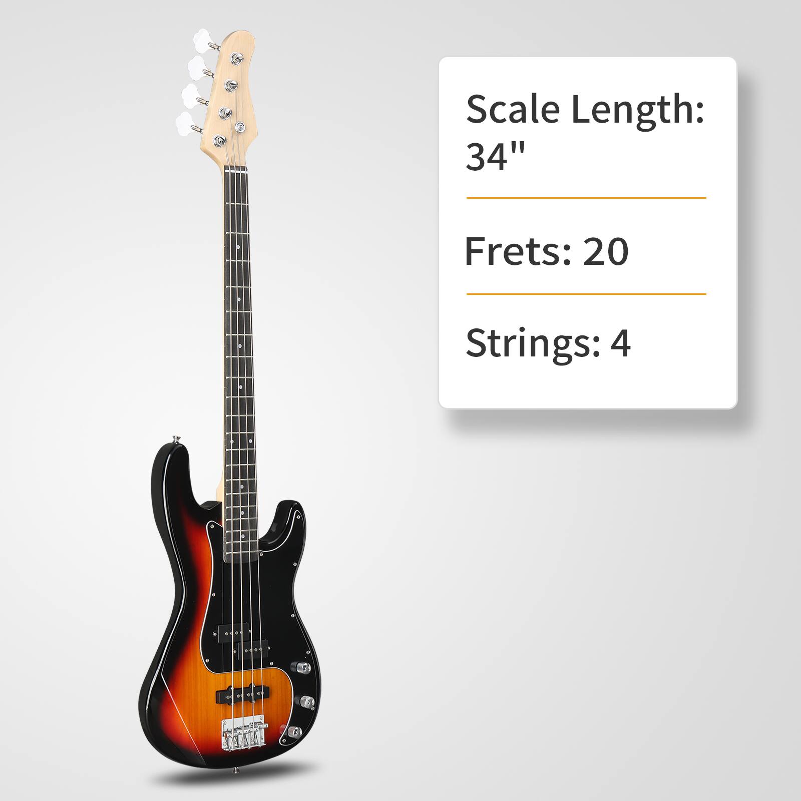 Scale Length: 34"  
Frets: 20  
Strings: 4